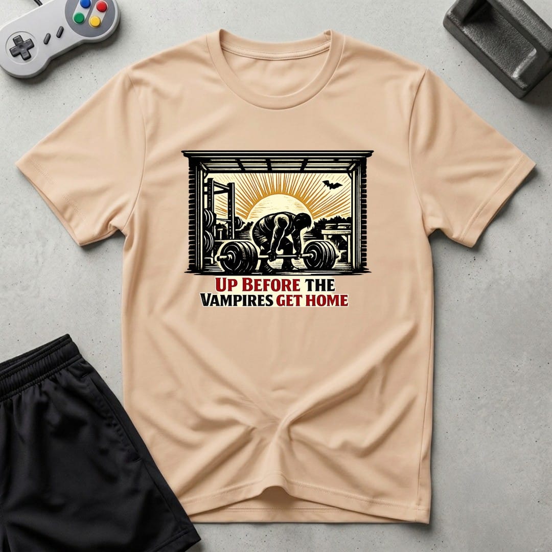 DreamMaker mockup — Up Before Vampires T-Shirt (natural)