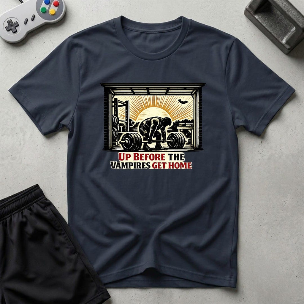 DreamMaker mockup — Up Before Vampires T-Shirt (navy)