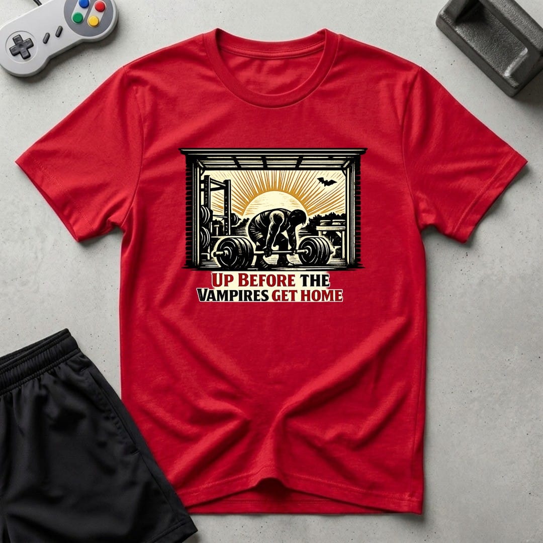 DreamMaker mockup — Up Before Vampires T-Shirt (red)