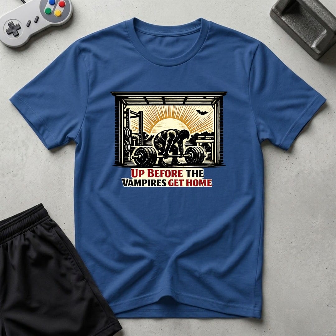 DreamMaker mockup — Up Before Vampires T-Shirt (royal)
