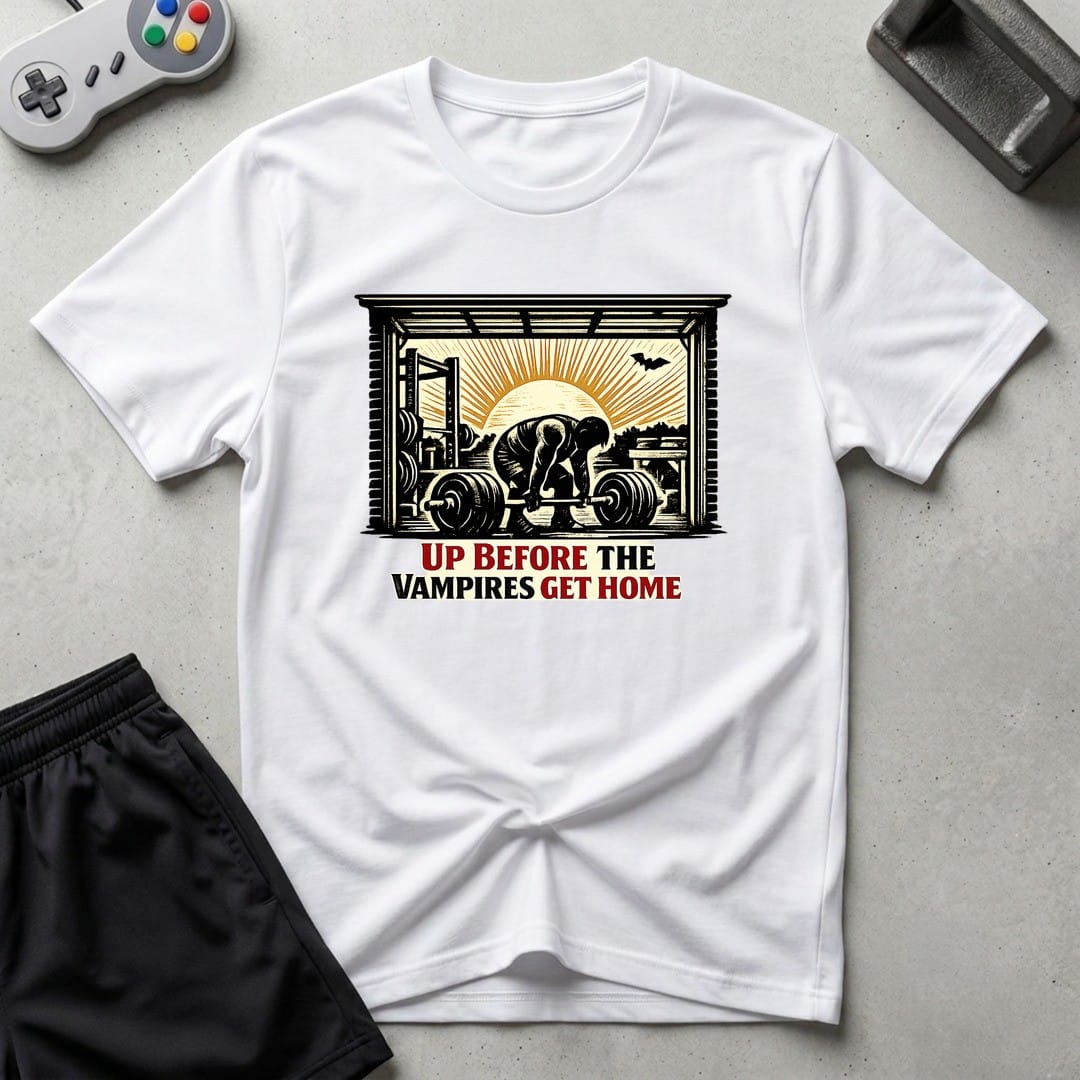 DreamMaker mockup — Up Before Vampires T-Shirt (white)
