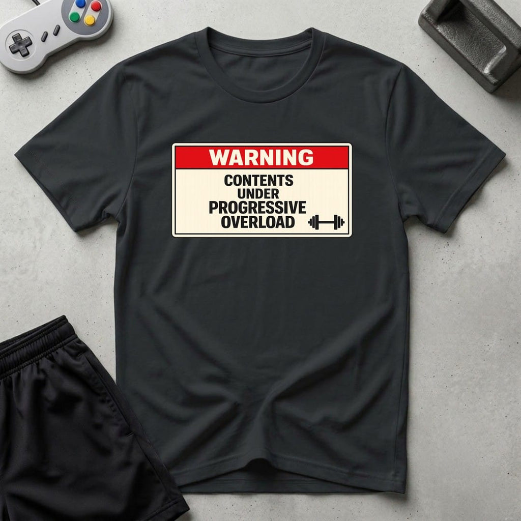 DreamMaker mockup — Warning Progressive Overload T-Shirt (black)