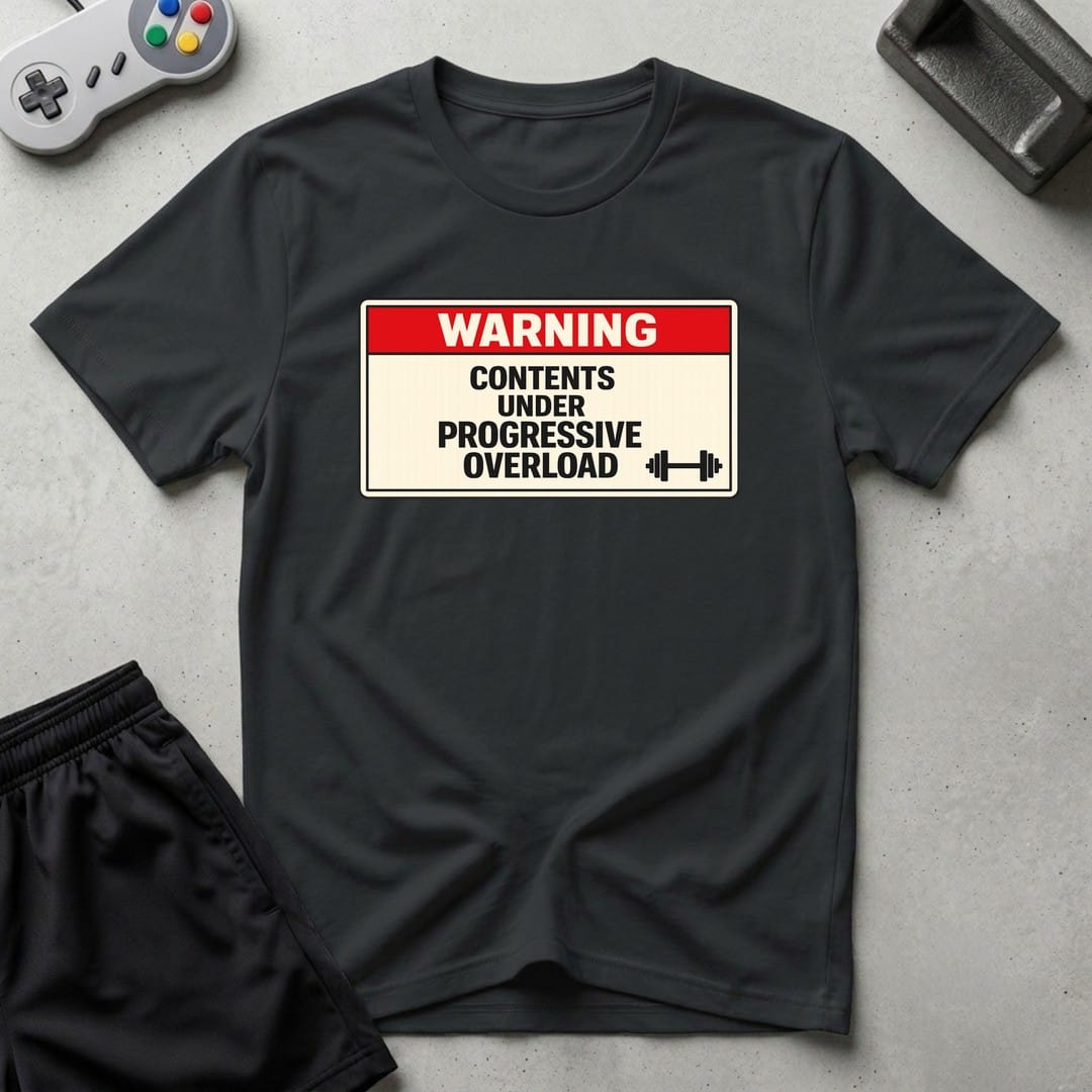 DreamMaker mockup — Warning Progressive Overload T-Shirt (black)