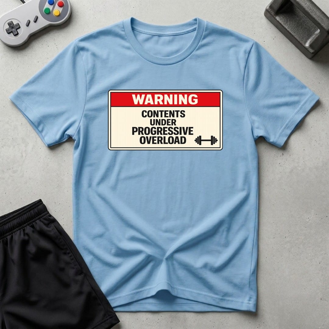 DreamMaker mockup — Warning Progressive Overload T-Shirt (light-blue)