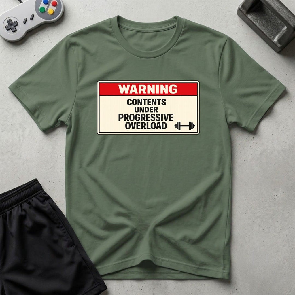 DreamMaker mockup — Warning Progressive Overload T-Shirt (military-green)