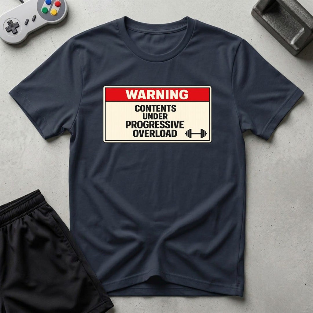 DreamMaker mockup — Warning Progressive Overload T-Shirt (navy)