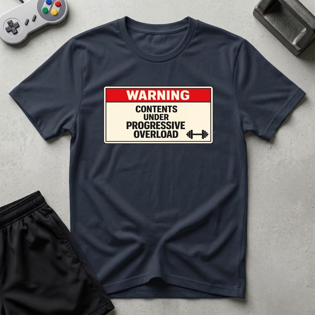 DreamMaker mockup — Warning Progressive Overload T-Shirt (navy)