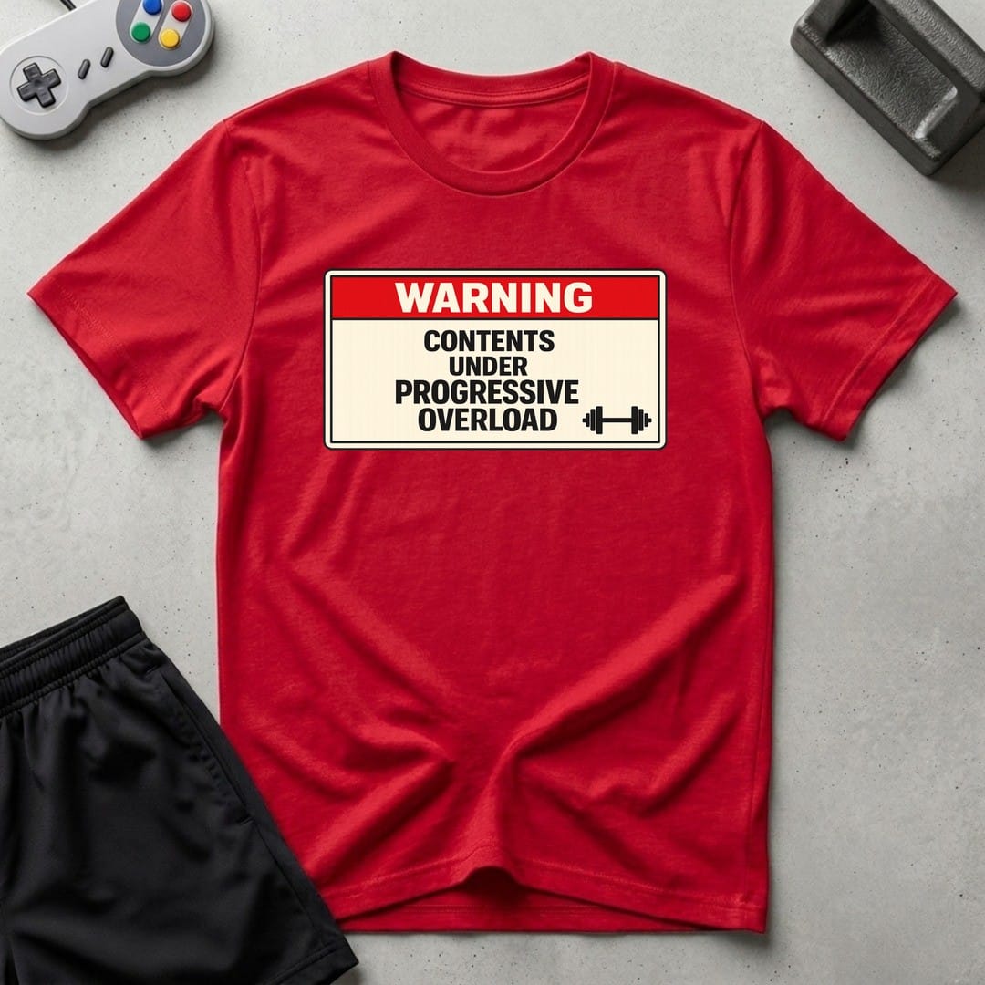 DreamMaker mockup — Warning Progressive Overload T-Shirt (red)