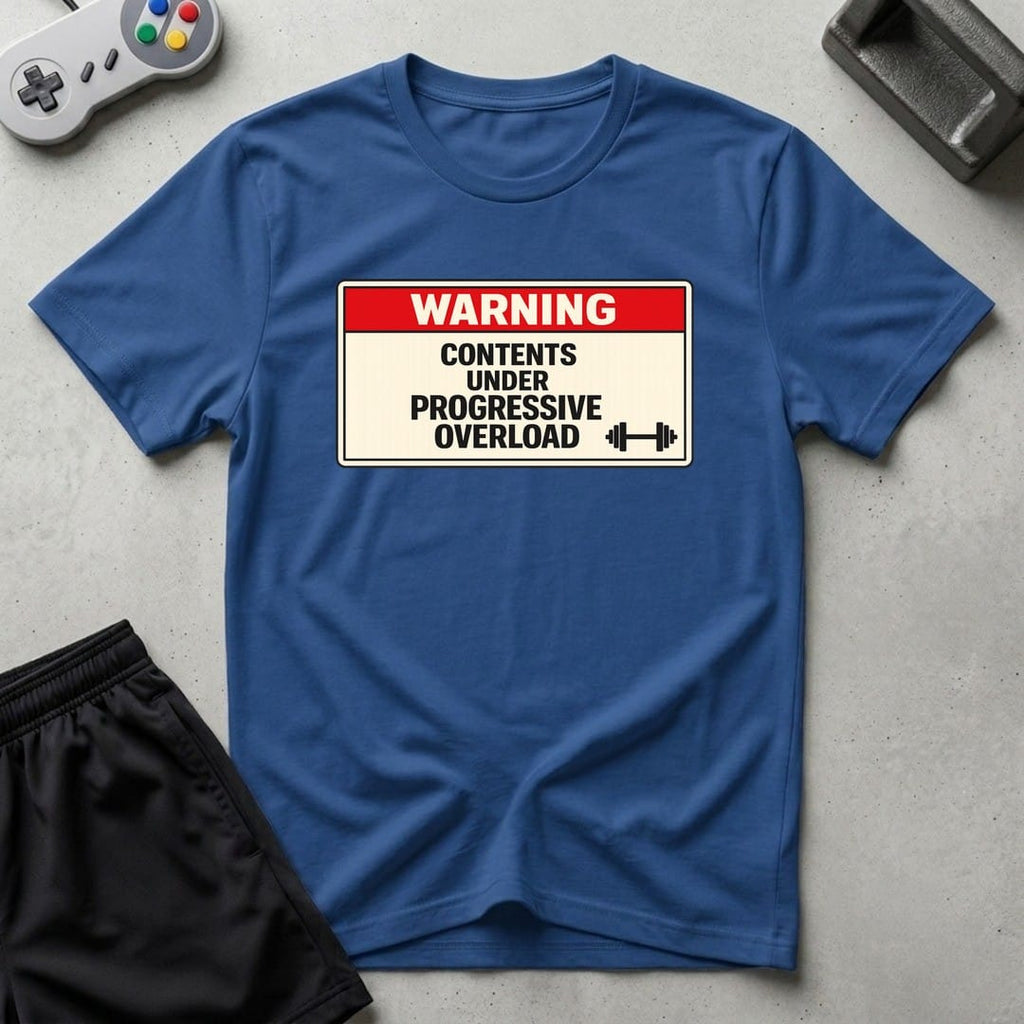 DreamMaker mockup — Warning Progressive Overload T-Shirt (royal)