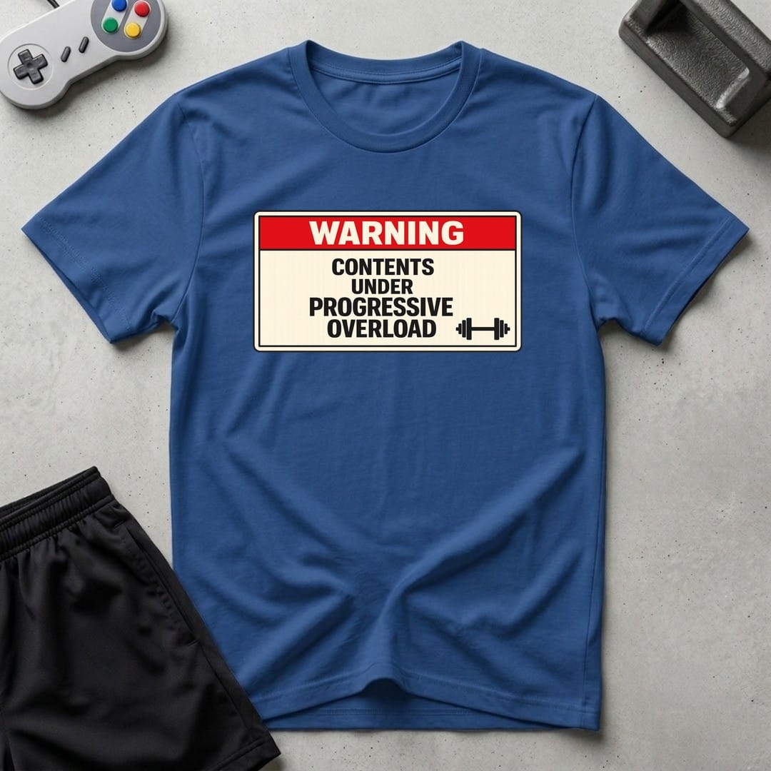 DreamMaker mockup — Warning Progressive Overload T-Shirt (royal)