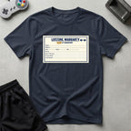 DreamMaker mockup — Warranty Card T-Shirt (navy)