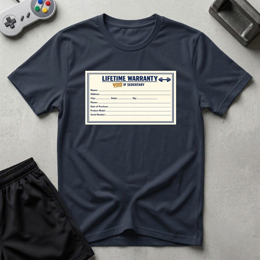 DreamMaker mockup — Warranty Card T-Shirt (navy)