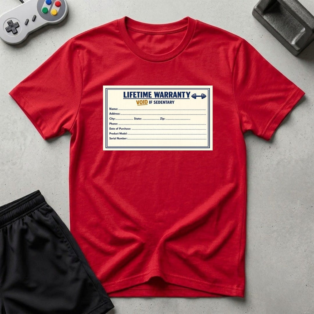 DreamMaker mockup — Warranty Card T-Shirt (red)