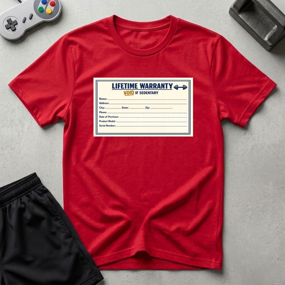 DreamMaker mockup — Warranty Card T-Shirt (red)