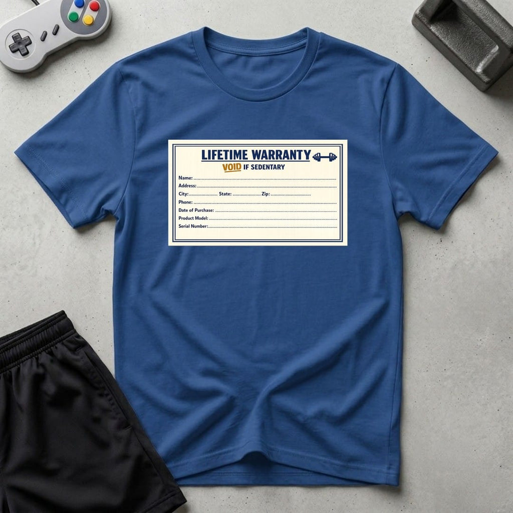 DreamMaker mockup — Warranty Card T-Shirt (royal)