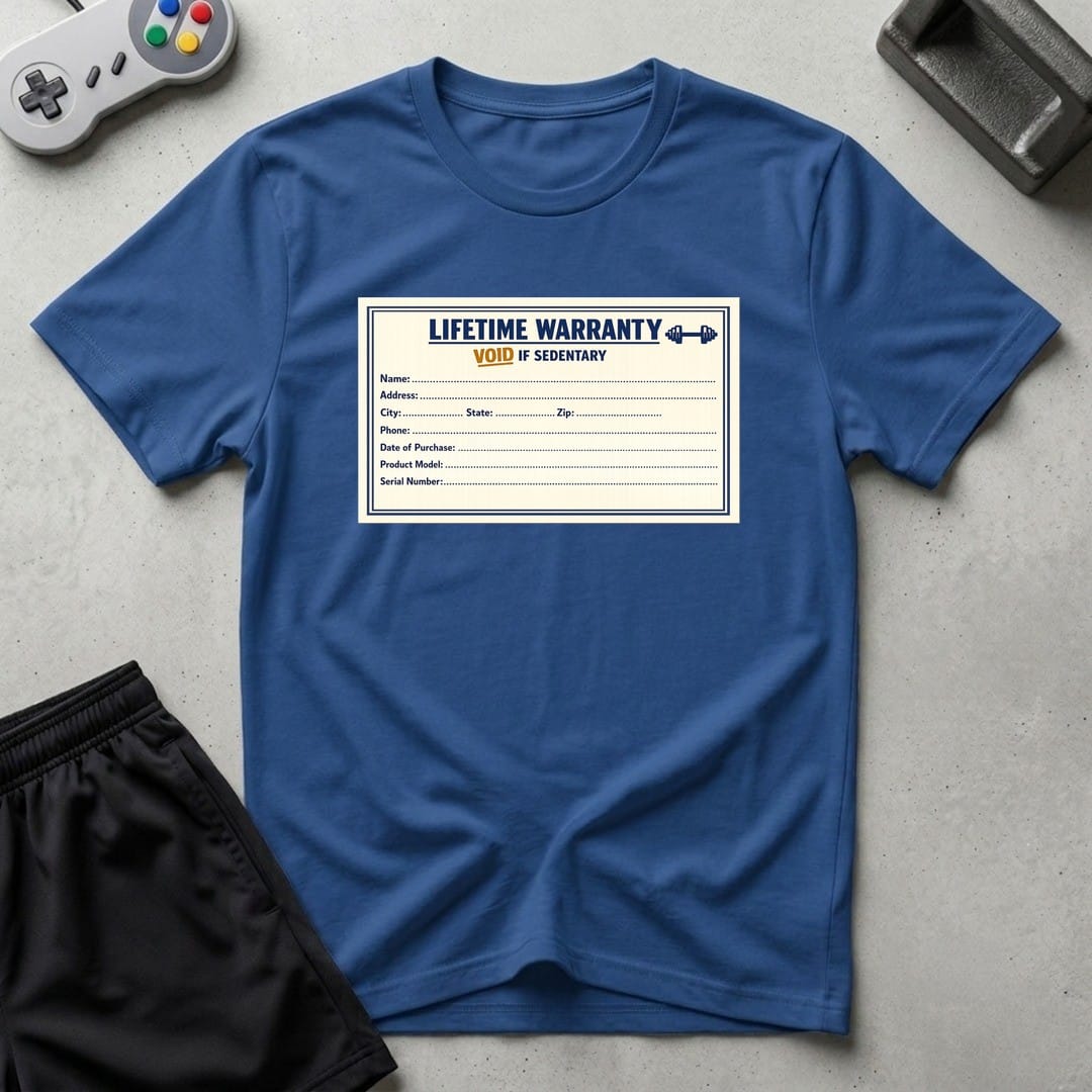 DreamMaker mockup — Warranty Card T-Shirt (royal)