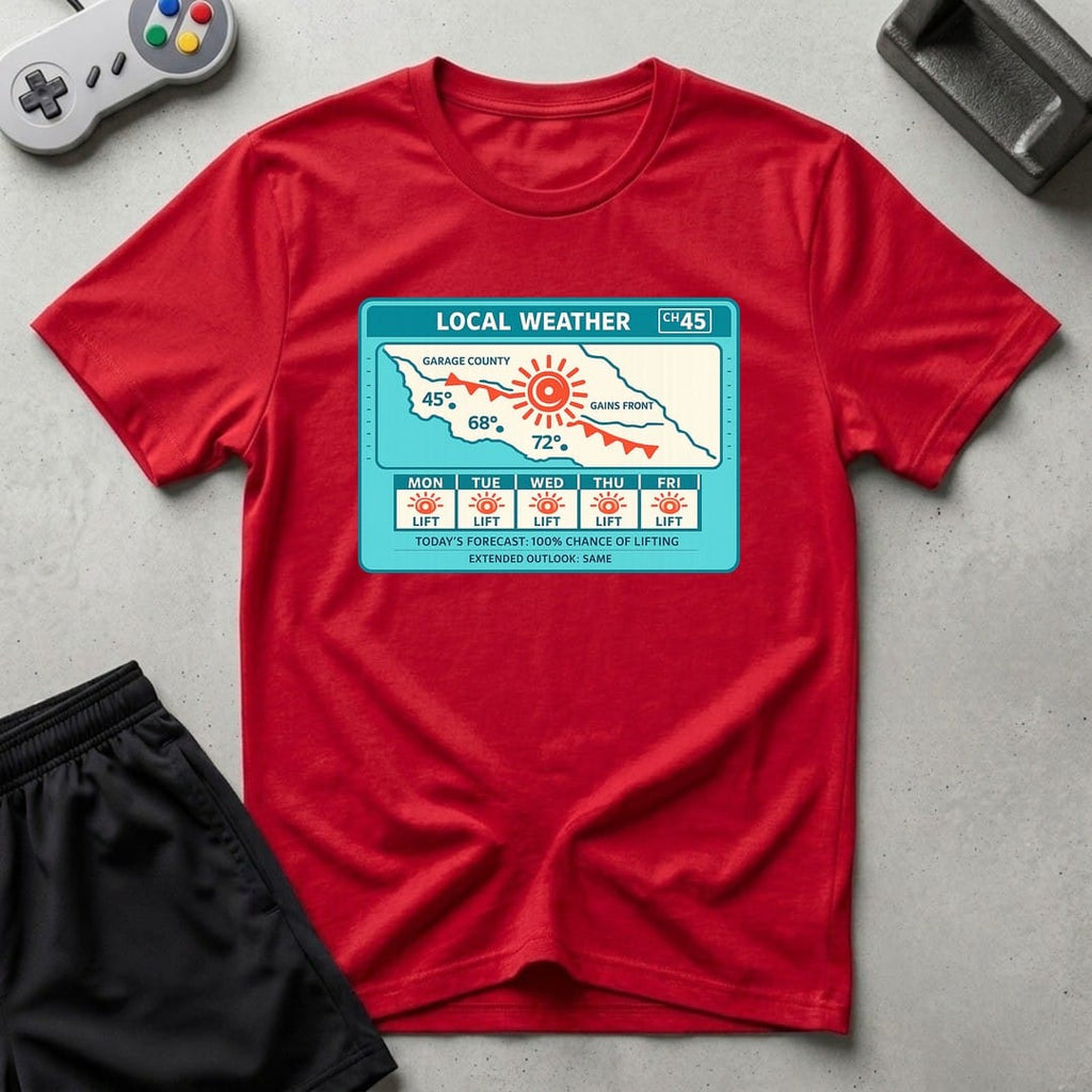 DreamMaker mockup — Weather Report T-Shirt (red)