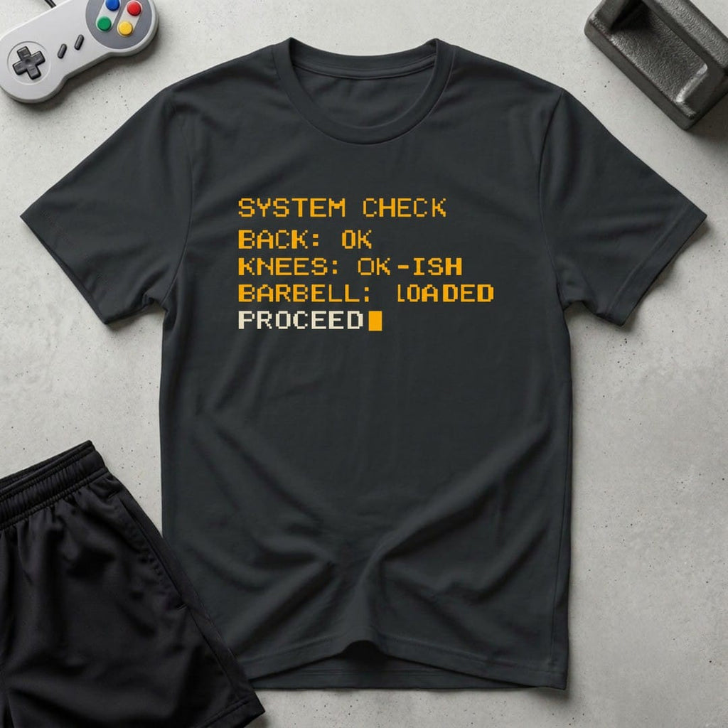 DreamMaker mockup — Workout System Check T-Shirt (black)