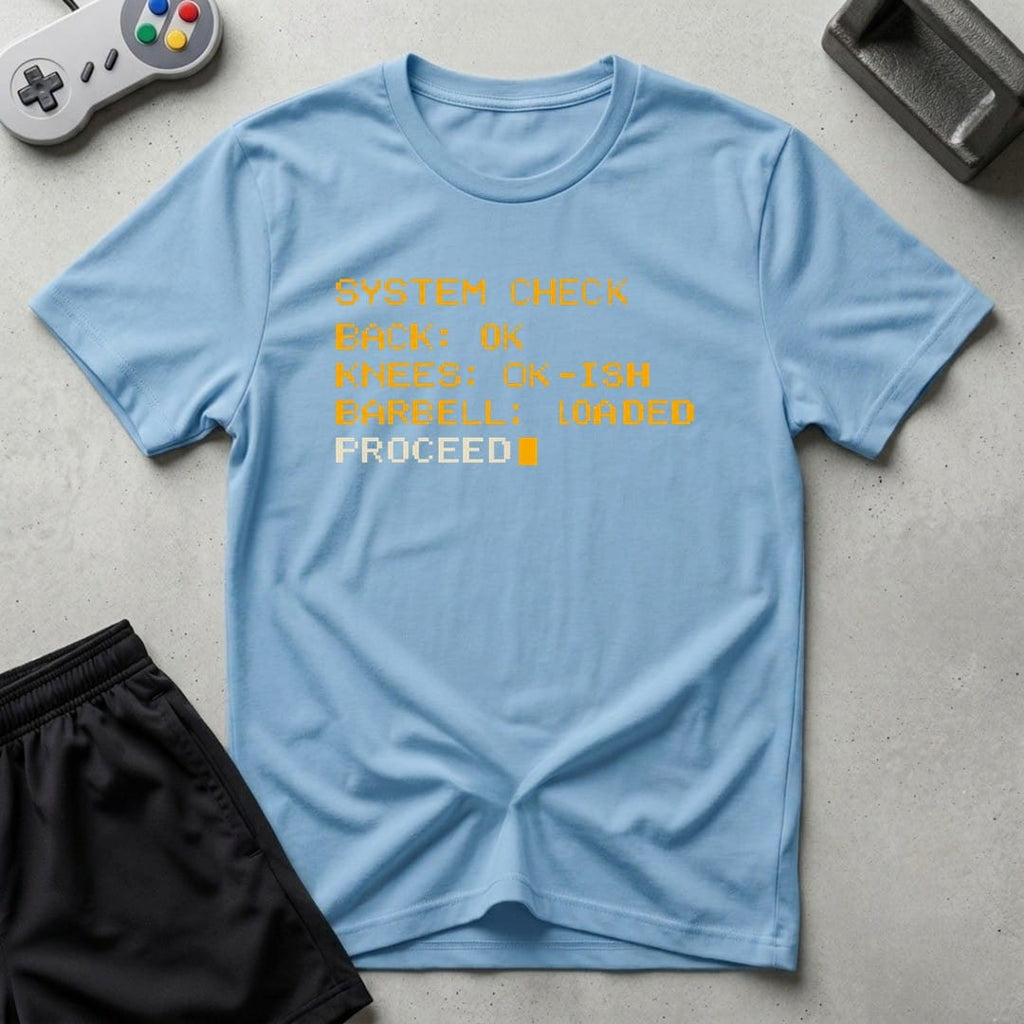 DreamMaker mockup — Workout System Check T-Shirt (light-blue)