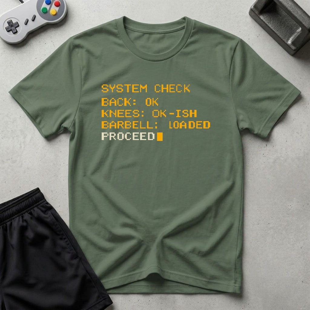 DreamMaker mockup — Workout System Check T-Shirt (military-green)