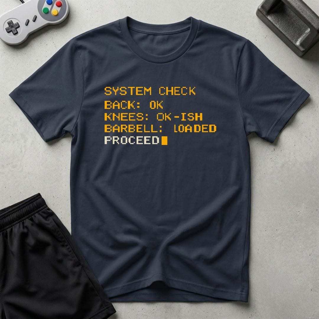 DreamMaker mockup — Workout System Check T-Shirt (navy)