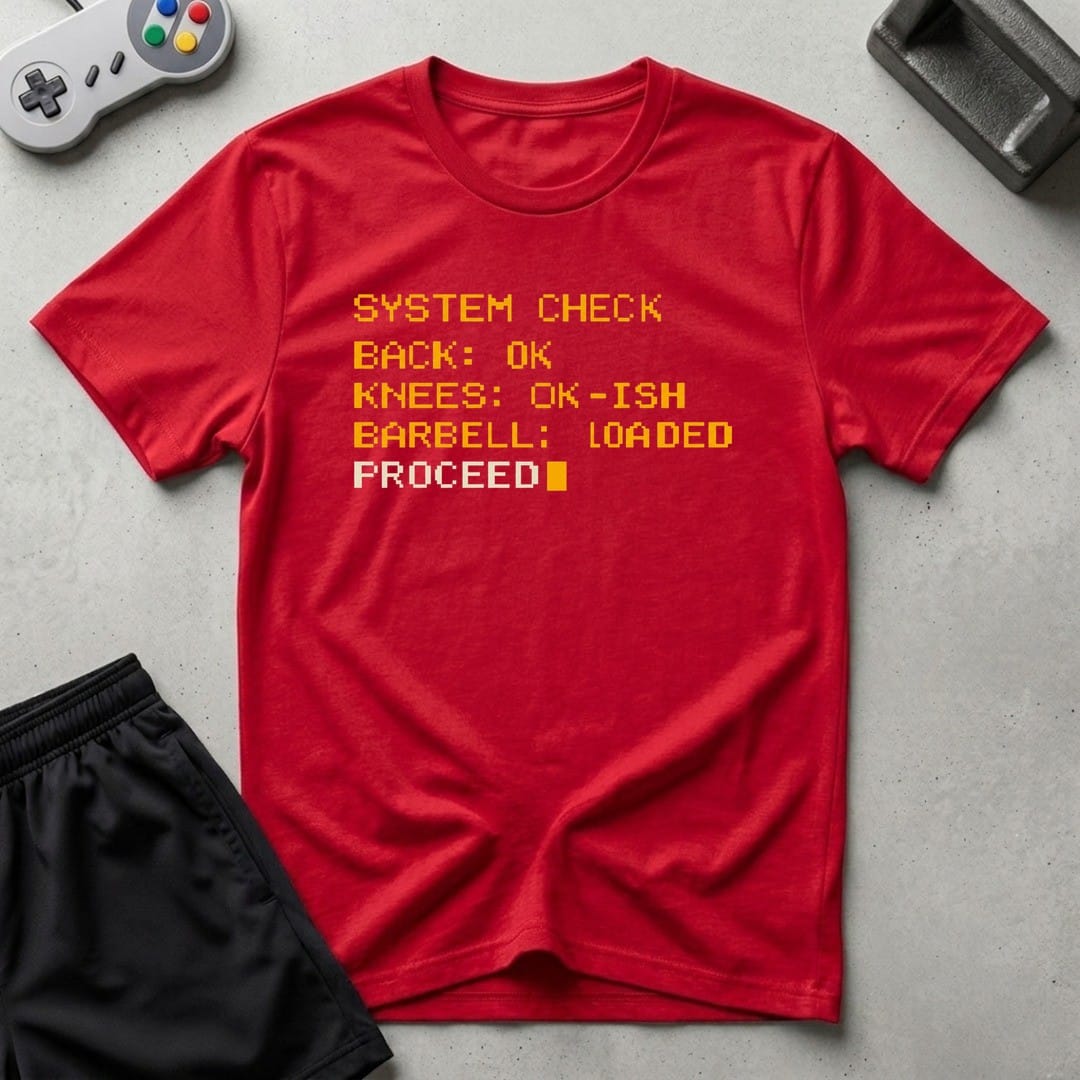DreamMaker mockup — Workout System Check T-Shirt (red)