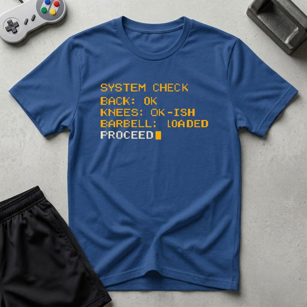 DreamMaker mockup — Workout System Check T-Shirt (royal)
