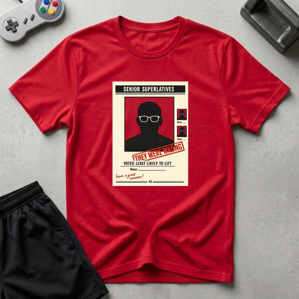 DreamMaker mockup — Yearbook Superlatives T-Shirt (red)