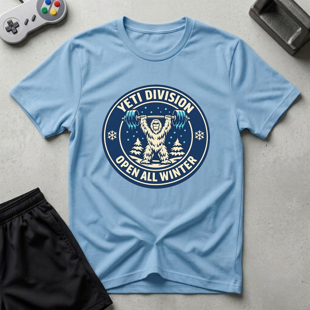 DreamMaker mockup — Yeti Gym Division T-Shirt (light-blue)