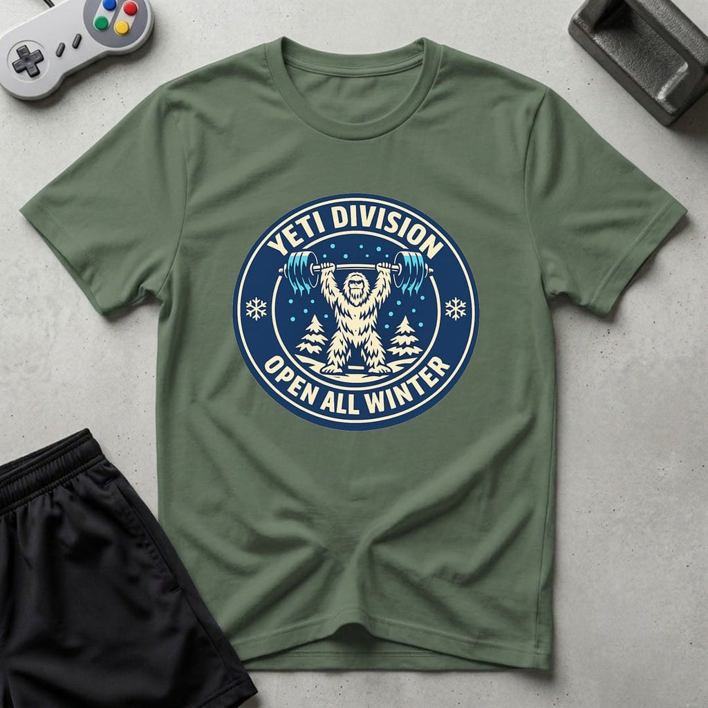 DreamMaker mockup — Yeti Gym Division T-Shirt (military-green)