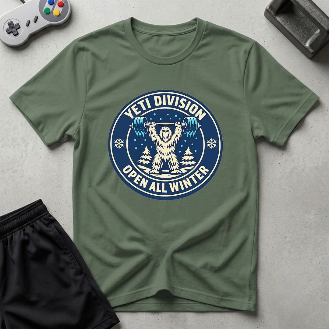 DreamMaker mockup — Yeti Gym Division T-Shirt (military-green)