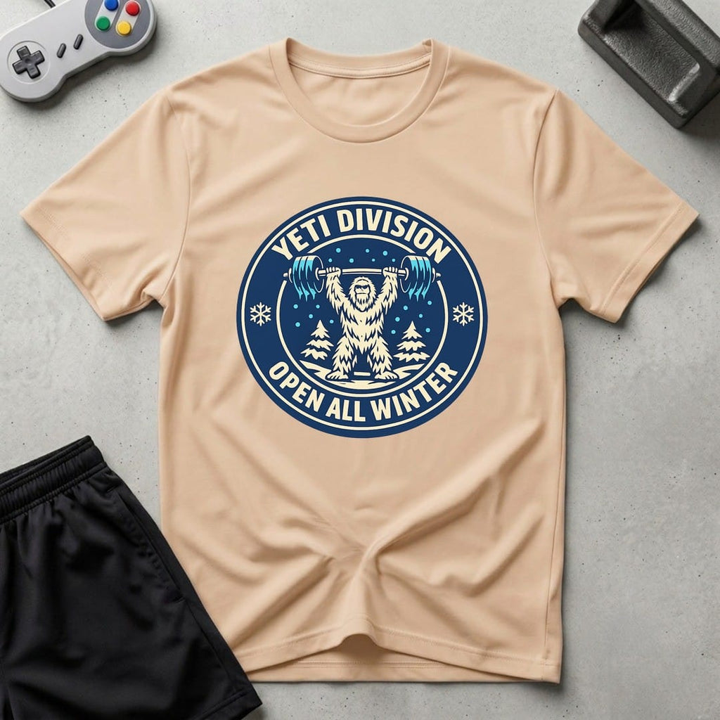 DreamMaker mockup — Yeti Gym Division T-Shirt (natural)