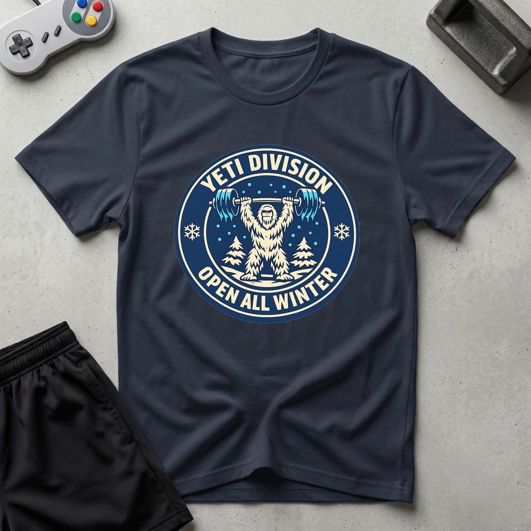 DreamMaker mockup — Yeti Gym Division T-Shirt (navy)