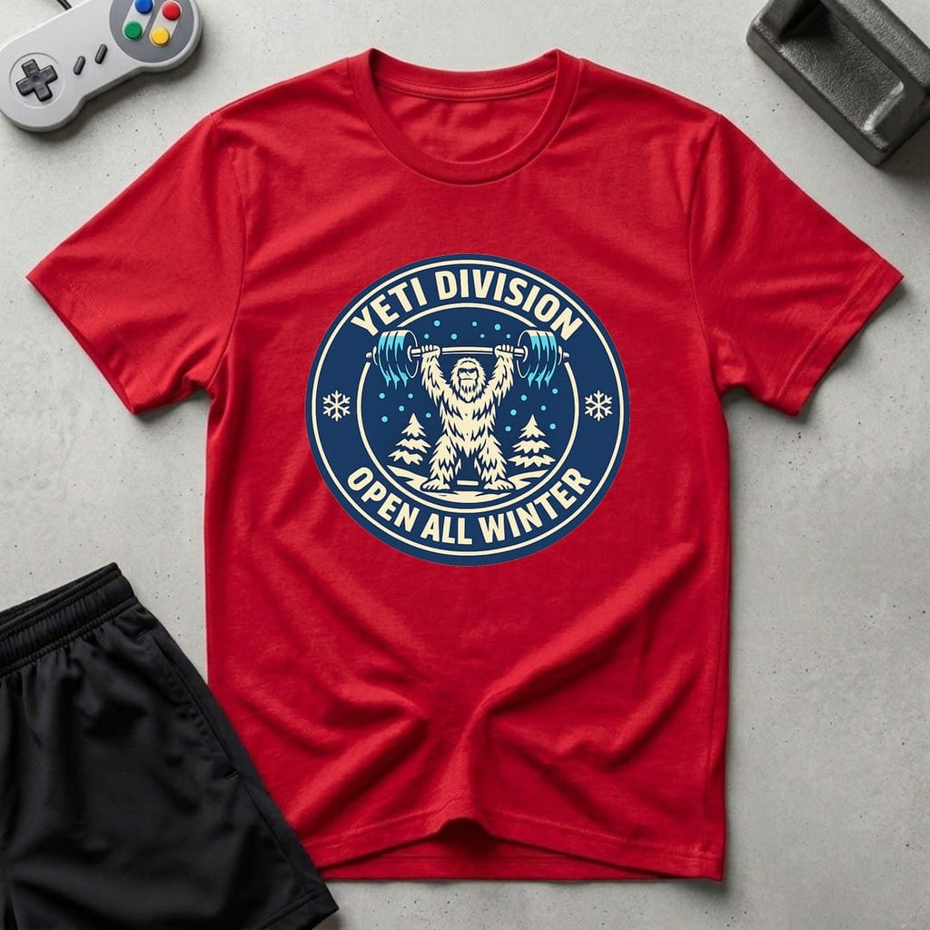 DreamMaker mockup — Yeti Gym Division T-Shirt (red)