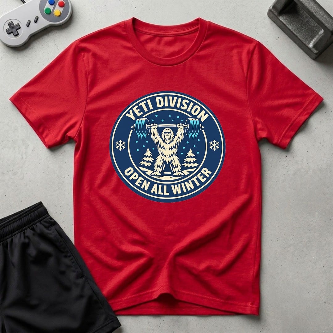 DreamMaker mockup — Yeti Gym Division T-Shirt (red)