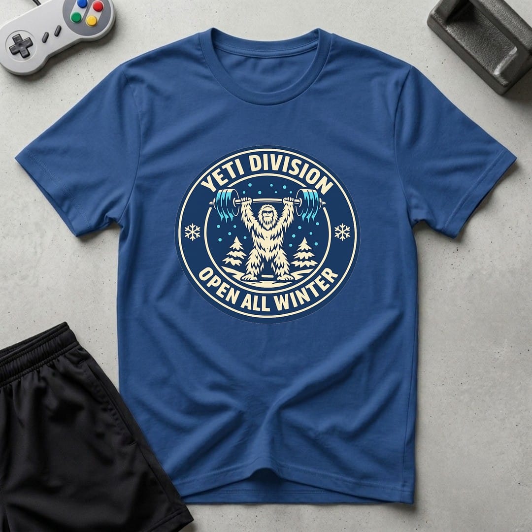 DreamMaker mockup — Yeti Gym Division T-Shirt (royal)