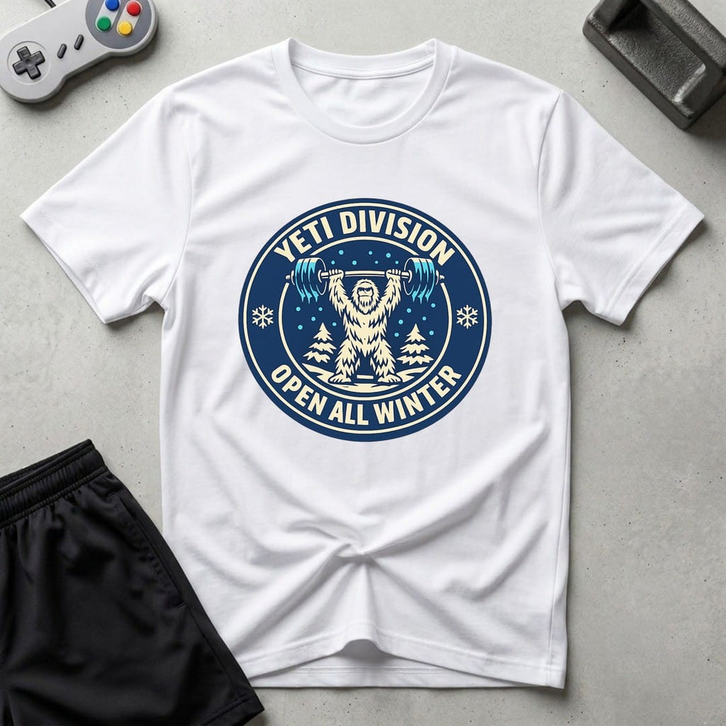 DreamMaker mockup — Yeti Gym Division T-Shirt (white)
