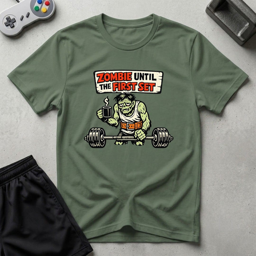 DreamMaker mockup — Zombie Until First Set T-Shirt (military-green)