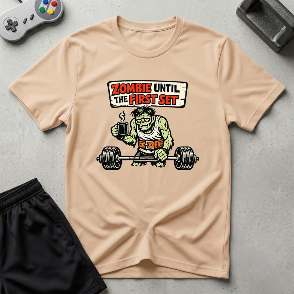 DreamMaker mockup — Zombie Until First Set T-Shirt (natural)