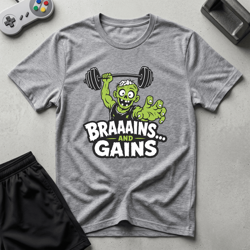 Braaains and Gains T-Shirt - Sport Grey