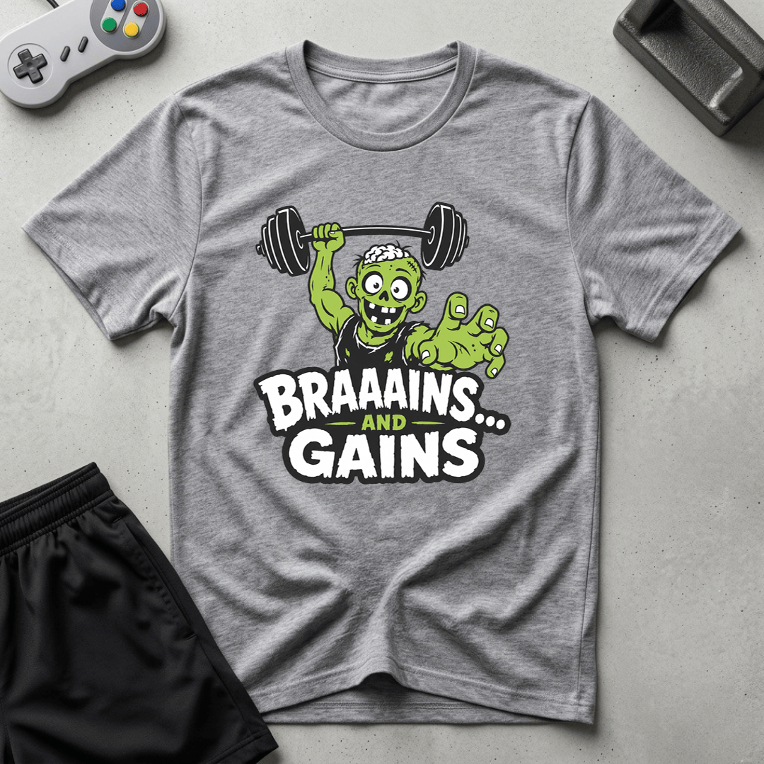 Braaains and Gains T-Shirt - Sport Grey